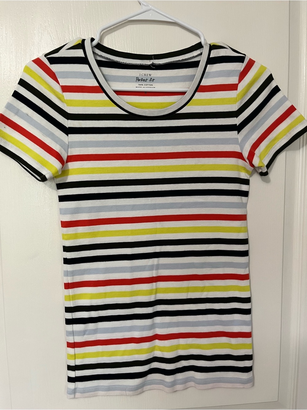 NWOT J.Crew Perfect Fit Striped Tee in White with Red, Yellow & Navy